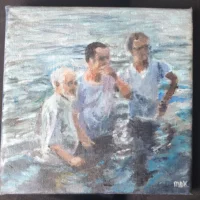 15x15 schilderijtje van een doopdienst