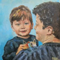 Vader met zoon in zijn armen schilderij