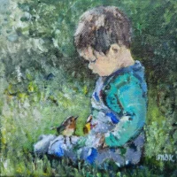 Jongetje met roodborstje in de tuin schilderij