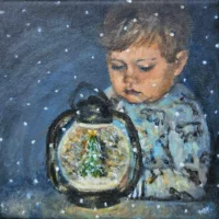 kerst jongetje kijkt naar kerstlamp schilderij